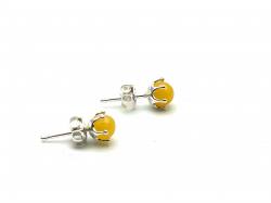 Silver Milky Yellow Amber Ball Stud Earrings