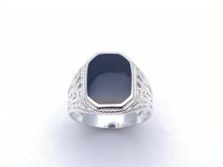 Silver Black Whitby Jet Signet Ring Size R