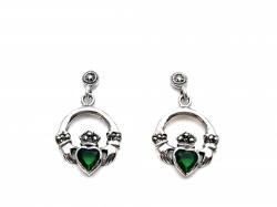 Silver and Marcasite Green CZ Claddagh Earrings