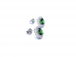 Silver Green & White CZ Oval Cluster Stud Earrings