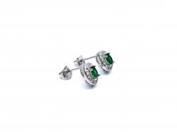 Silver Green & White CZ Oval Stud Earrings