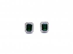 Silver Green & White CZ Emerald Cut Halo Studs