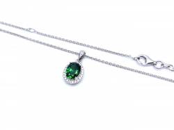 Silver Green & White CZ Oval Pendant & Chain