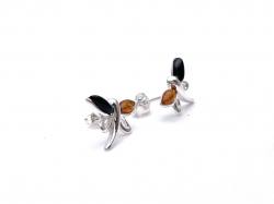 Silver Black Whitby Jet & Amber Dragonfly Studs