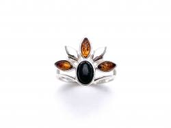 Silver Black Whitby Jet & Amber Fancy Ring P