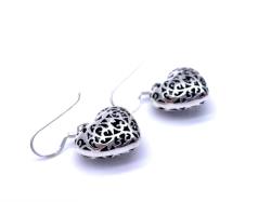 Silver Filigree 3D Heart Drop Earrings