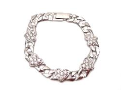 Silver CZ Heart Curb Bracelet 7 Inch