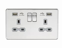 Knightsbridge 13A 2G Switched Socket with Dual USB Charger (2.4A) - Polished Chrome with Grey Insert - (SFR9224PCG)
