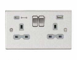 Knightsbridge 13A 2G DP Switched Socket with Dual USB Charger (Type-C FASTCHARGE port) - Brushed Chrome/Grey (CS9909BCG )