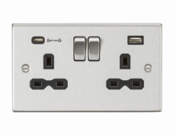 Knightsbridge 13A 2G DP Switched Socket with Dual USB Charger (Type-C FASTCHARGE port) - Brushed Chrome/Black (CS9907BC)