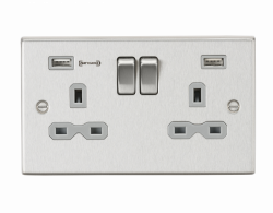 Knightsbridge 13A 2G DP Switched Socket with Dual USB Charger (Type-A FASTCHARGE port) - Brushed Chrome/Grey (CS9906BCG)