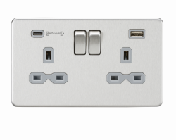 Knightsbridge 13A 2G DP Switched Socket with Dual USB Charger (Type-C FASTCHARGE port) - Brushed Chrome/Grey (SFR9909BCG )