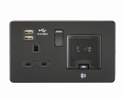 Knightsbridge Screwless 13A socket, USB chargers (2.4A) and Bluetooth Speaker - Matt Black - (SFR9905MBB)