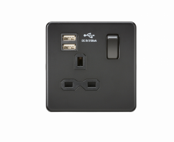 Knightsbridge Screwless 13A 1G switched socket with dual USB charger (2.1A) - Matt Black (SFR9124MBB)