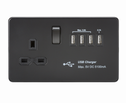 Knightsbridge Screwless 13A switched socket with quad USB charger (5.1A) - Matt Black (SFR7USB4MBB)