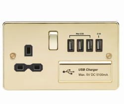 Knightsbridge Flat plate 13A switched socket with quad USB charger - polished brass with black insert - (FPR7USB4PB)