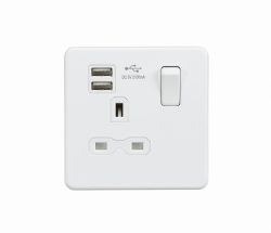 Knightsbridge Screwless 13A 1G switched socket with dual USB charger (2.1A) - matt white - (SFR9124MW)