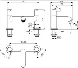 Ideal Standard Ceraline 2TH Deck Mounted Dual Control Chrome Bath Filler