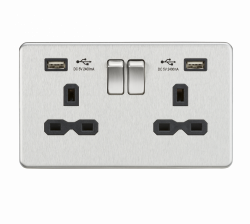 Knightsbridge 13A 2G Switched Socket with Dual USB Charger (2.4A) - Brushed Chrome with Black Insert - (SFR9224BC)