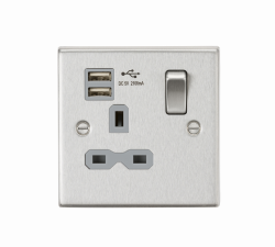 Knightsbridge 13A 1G Switched Socket Dual USB Charger (2.1A) with Grey Insert - Square Edge Brushed Chrome - (CS91BCG)