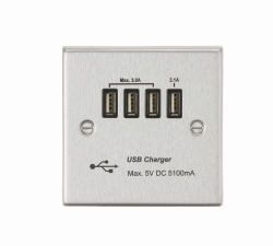 Knightsbridge Quad USB Charger Outlet (5.1A) - Brushed Chrome with Black Insert - (CSQUADBC)