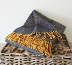 Tweedmill Herringbone Throw 100% Pure New Wool - Navy Blue & Mustard
