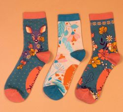 Powder UK Ladies Floral Deer Teal Sock Box - Set of 3 - Gift Set