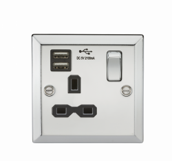Knightsbridge 13A 1G Switched Socket Dual USB Charger Slots with Black Insert - Bevelled Edge Polished Chrome - (CV91PC)