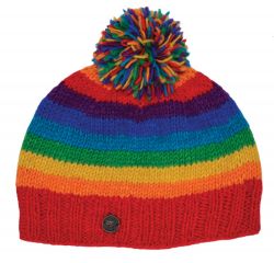 Bobble hat - pure wool - hand knitted - fleece lining - rainbow