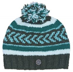 Pure Wool Pattern bobble hat - hand knitted - greens