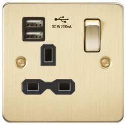 Knightsbridge Flat plate 13A 1G switched socket with dual USB charger (2.1A) - brushed brass with black insert - (FPR9901BB)