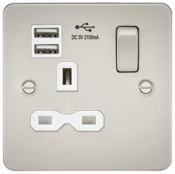 Knightsbridge Flat plate 13A 1G switched socket with dual USB charger (2.1A) - pearl with white insert (FPR9901PLW)