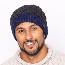 Pure wool - half fleece lined - border beanie - Charcoal/Blue