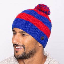 Pure wool - wide stripe bobble hat - red/blue