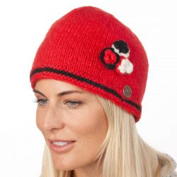 Half fleece lined - pure wool - three flower - beanie - red