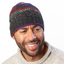 Pure Wool Hand knit - solar tick beanie - charcoal/rainbow