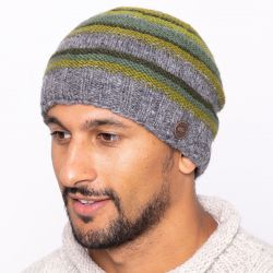 Pure Wool handknit - ridge stripe beanie - greens