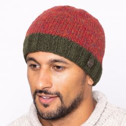 Pure Wool Heather border beanie - rust heather - dark green border