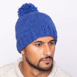 Pure Wool Plain bobble hat - hand knitted - fleece lining - blue pepper