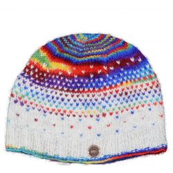 Pure Wool Hand knit - solar tick beanie - pale grey/rainbow