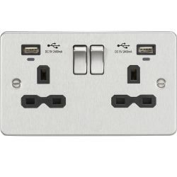 Knightsbridge 13A 2G Switched Socket, dual USB charger (2.4A) with Indicators - Brushed Chrome with black insert (FPR9904NBC)