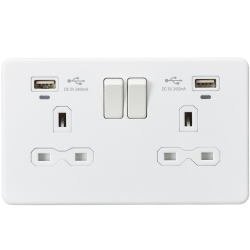 Knightsbridge 13A 2G Switched Socket, Dual USB (2.4A) with LED Charge Indicators - Matt White (SFR9904NMW)