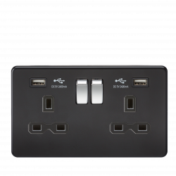 Knightsbridge 13A 2G Switched Socket with Dual USB Charger (2.4A) - Matt Black with Chrome Rockers (SFR9224MB)