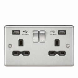Knightsbridge 13A 2G Switched Socket Dual USB Charger (2.4A) with Black Insert - Rounded Edge Brushed Chrome - (CL9224BC)