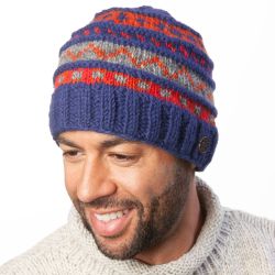 Ridge Pattern Beanie - Pure Wool - Blue Bright Red