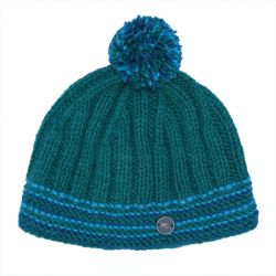 Pure Wool Hand knit - Rib Line Bobble Hat - Emerald