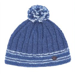 Pure Wool Hand knit - Rib Line Bobble Hat - Denim Blue