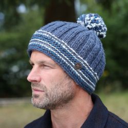 Pure Wool Hand knit - Rib Line Bobble Hat - Denim Blue