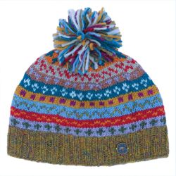 Pure Wool Hand Knit - Fair Isle Bobble Hat - Gold Heather