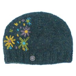 Pure Wool Hand embroidered beanie - heather pine